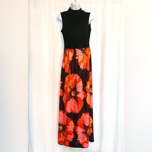 Vintage 1960s Black Poppy Maxi Dress